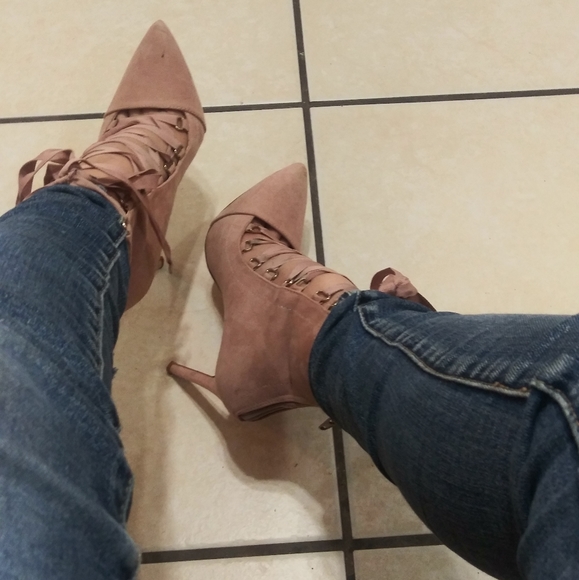 Ribbon Lace up Pointy Stiletto Booties High Heels Women - Picture 7 of 8